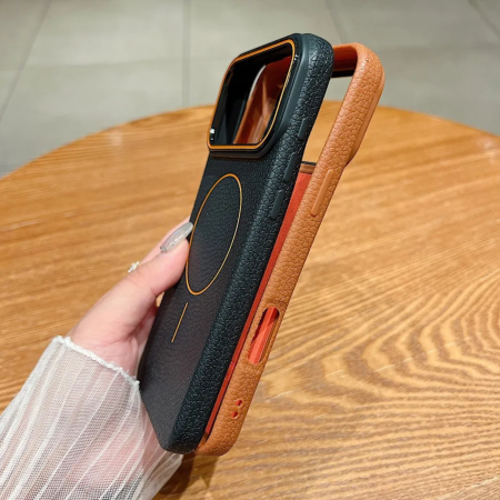 Husa iPhone 16, Silicon Texturat cu Protectie Interioara din Piele si MagSafe, Orange-Brown [1]