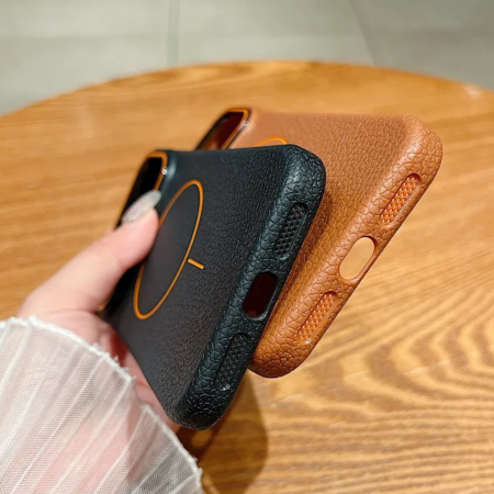 Husa iPhone 16 Pro Max, Silicon Texturat cu Protectie Interioara din Piele si MagSafe, Orange-Brown [2]