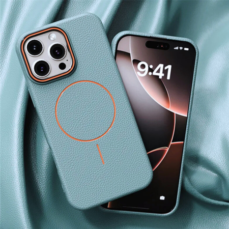 Husa iPhone 14 Pro Max, Silicon Texturat cu Protectie Interioara din Piele si MagSafe, Sky Blue [1]