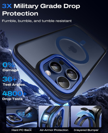 Husa iPhone 16 Pro, Anti-Slip Shockproof, Military-Grade Protection, MagSafe, Deep Blue - Black [3]