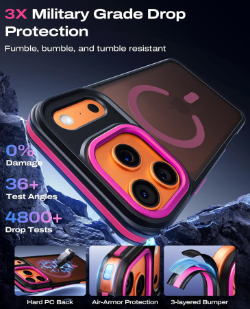Husa iPhone 16 Pro, Anti-Slip Shockproof, Military-Grade Protection, MagSafe, Hot Pink - Black [6]