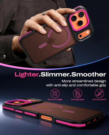 Husa iPhone 16 Pro, Anti-Slip Shockproof, Military-Grade Protection, MagSafe, Hot Pink - Black [2]