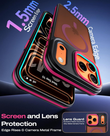 Husa iPhone 16 Pro, Anti-Slip Shockproof, Military-Grade Protection, MagSafe, Hot Pink - Black [7]