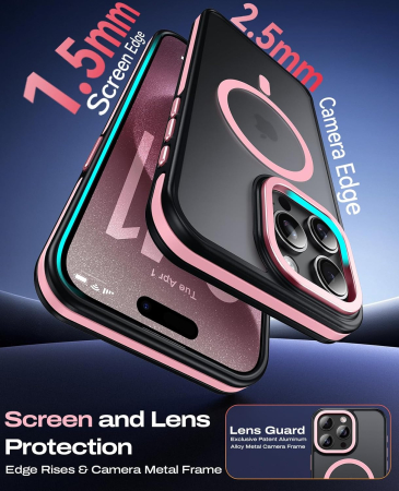 Husa iPhone 16 Pro, Anti-Slip Shockproof, Military-Grade Protection, MagSafe, Pink - Black [4]