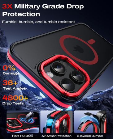 Husa iPhone 16 Pro, Anti-Slip Shockproof, Military-Grade Protection, MagSafe, Red - Black [6]