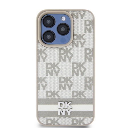 Husa iPhone 15 Pro Max, DKNY PU Leather Checkered Pattern and Stripe, Beige [2]