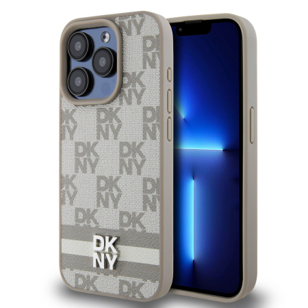 IPHONE 15 PRO MAX - Husa iPhone 15 Pro Max, DKNY PU Leather Checkered Pattern and Stripe, Beige