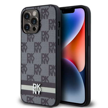 IPHONE 15 PRO MAX - Husa iPhone 15 Pro Max, DKNY PU Leather Checkered Pattern and Stripe, Black