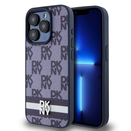 IPHONE 15 PRO MAX - Husa iPhone 15 Pro Max, DKNY PU Leather Checkered Pattern and Stripe, Blue