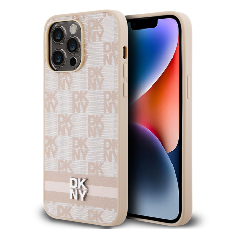 IPHONE 15 PRO MAX - Husa iPhone 15 Pro Max, DKNY PU Leather Checkered Pattern and Stripe, Nude-Pink