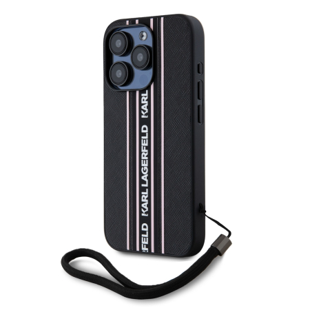 IPHONE 15 PRO MAX - Husa iPhone 15 Pro Max, Karl Lagerfeld PU Saffiano Athleisure Stripe and Strap, Black-Pink