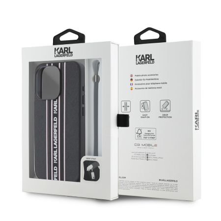 Husa iPhone 15 Pro Max, Karl Lagerfeld PU Saffiano Athleisure Stripe and Strap, Black-Pink [3]