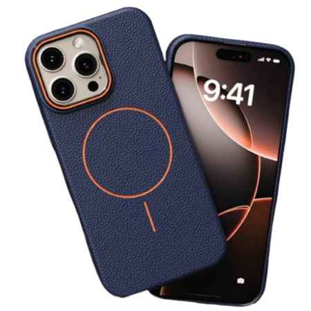 IPHONE 15 PRO MAX - Husa iPhone 15 Pro Max, Silicon Texturat cu Protectie Interioara din Piele si MagSafe, Albastra