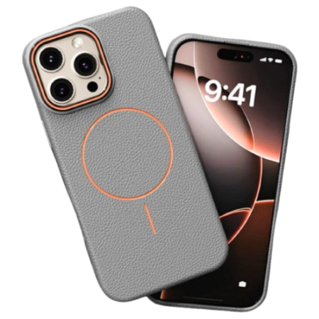 IPHONE 15 PRO - Husa iPhone 15 Pro, Silicon Texturat cu Protectie Interioara din Piele si MagSafe, Grey