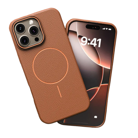 IPHONE 15 PRO - Husa iPhone 15 Pro, Silicon Texturat cu Protectie Interioara din Piele si MagSafe, Orange-Brown