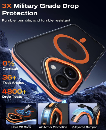 Husa iPhone 17, Anti-Slip Shockproof, Military-Grade Protection, MagSafe, Cosmic Orange - Black [2]