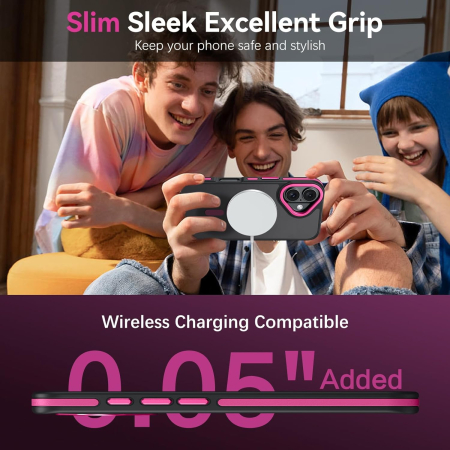 Husa iPhone 16, Anti-Slip Shockproof, Military-Grade Protection, MagSafe, Hot Pink - Black [5]