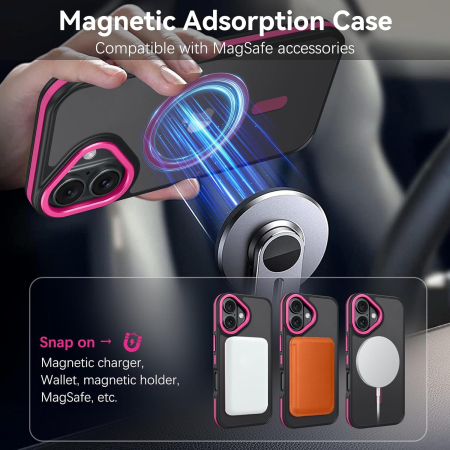 Husa iPhone 16, Anti-Slip Shockproof, Military-Grade Protection, MagSafe, Hot Pink - Black [1]