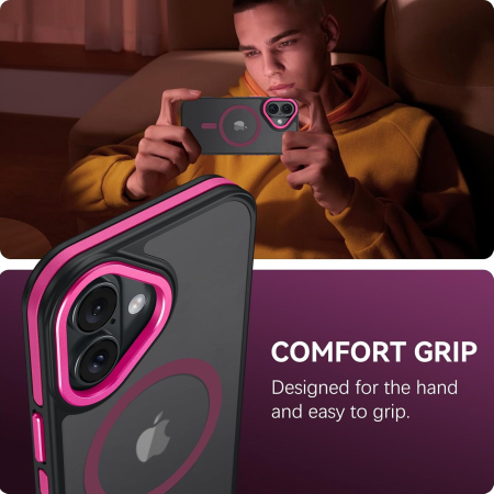 Husa iPhone 16, Anti-Slip Shockproof, Military-Grade Protection, MagSafe, Hot Pink - Black [4]