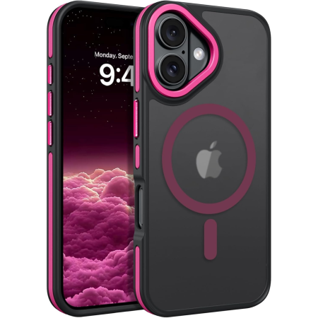 IPHONE 16 - Husa iPhone 16, Anti-Slip Shockproof, Military-Grade Protection, MagSafe, Hot Pink - Black