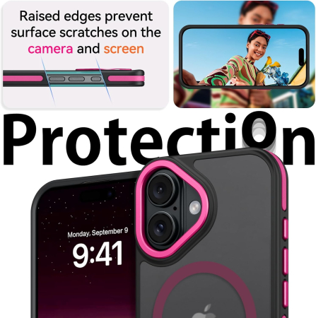 Husa iPhone 16, Anti-Slip Shockproof, Military-Grade Protection, MagSafe, Hot Pink - Black [3]