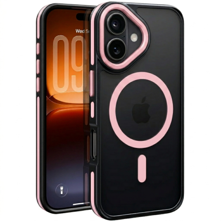 IPHONE 16 - Husa iPhone 16, Anti-Slip Shockproof, Military-Grade Protection, MagSafe, Pink - Black