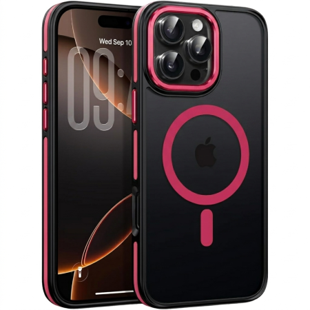 Husa iPhone 16 Pro, Anti-Slip Shockproof, Military-Grade Protection, MagSafe, Hot Pink - Black [0]