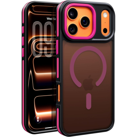 IPHONE 16 PRO - Husa iPhone 16 Pro, Anti-Slip Shockproof, Military-Grade Protection, MagSafe, Hot Pink - Black
