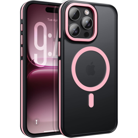 IPHONE 16 PRO - Husa iPhone 16 Pro, Anti-Slip Shockproof, Military-Grade Protection, MagSafe, Pink - Black