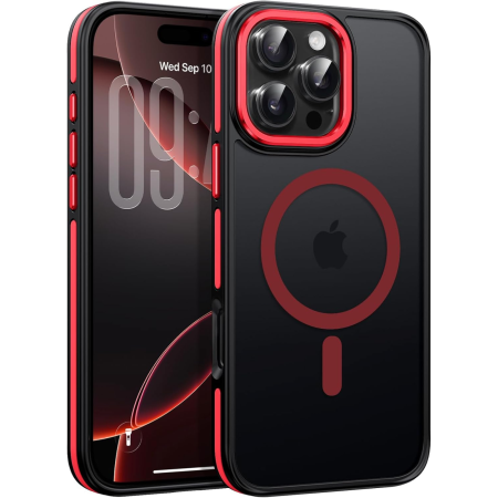 IPHONE 16 PRO - Husa iPhone 16 Pro, Anti-Slip Shockproof, Military-Grade Protection, MagSafe, Red - Black