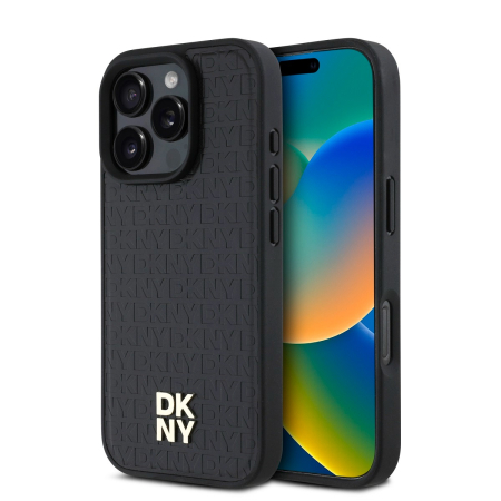IPHONE 16 PRO - Husa iPhone 16 Pro, DKNY PU Leather Repeat Pattern Stack Logo MagSafe, Black