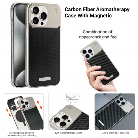 Husa iPhone 16 Pro, Dur Aluminiu si Carbon cu MagSafe, Silver Golden [8]