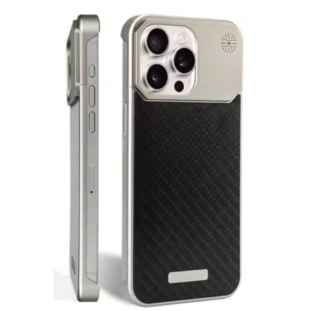 Husa iPhone 15 Pro, Dur Aluminiu si Carbon cu MagSafe, Silver Golden [3]