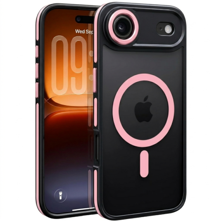IPHONE 17 AIR - Husa iPhone 17 Air, Anti-Slip Shockproof, Military-Grade Protection, MagSafe, Pink - Black
