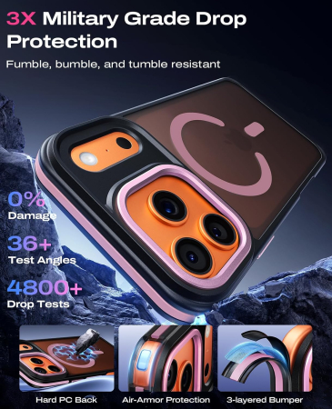 Husa iPhone 17 Pro, Anti-Slip Shockproof, Military-Grade Protection, MagSafe, Pink - Black [1]