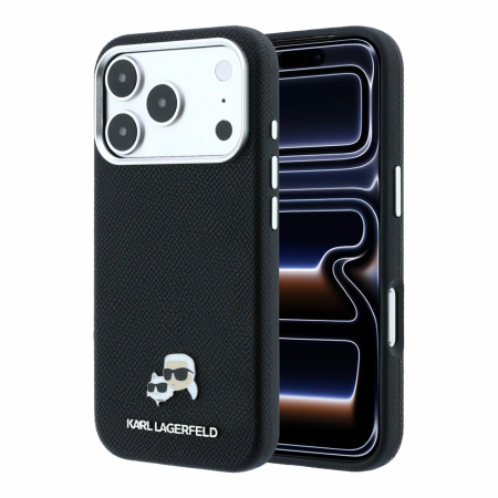 IPHONE 18 PRO - Husa iPhone 17 Pro/ 18 Pro, Karl Lagerfeld PU Grained Semi Wrap K&CH Heads Magsafe Black