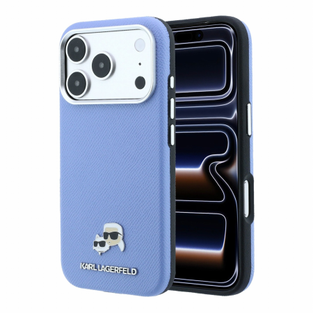 IPHONE 18 PRO - Husa iPhone 17 Pro/ 18 Pro, Karl Lagerfeld PU Grained Semi Wrap K&CH Heads Magsafe Blue