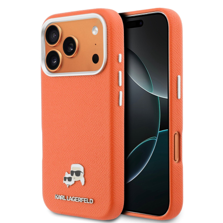 Husa iPhone 17 Pro, Karl Lagerfeld PU Karl and Choupette Heads Pins MagSafe, Orange [1]