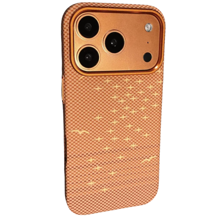 IPHONE 17 PRO - Husa iPhone 17 Pro, Luxury, Hard PC MagSafe, Look Carbon Fiber Pattern, Shockproof, Orange Nude