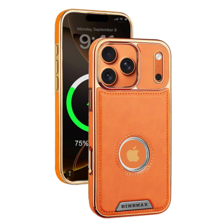 IPHONE 17 PRO MAX - Husa iPhone 17 Pro Max, Business PU Leather MagSafe Plating Soft Frame Shockproof, Orange