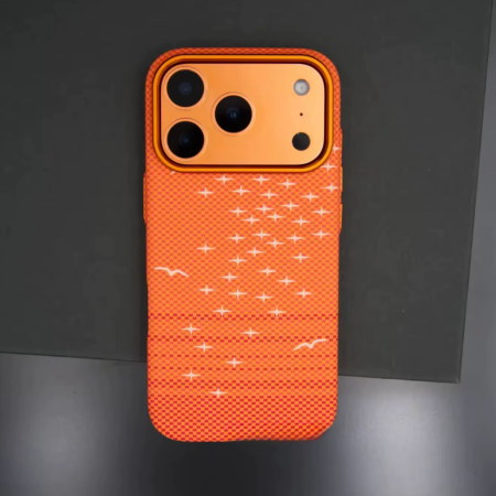 Husa iPhone 17 Pro Max, Luxury, Hard PC MagSafe, Look Carbon Fiber Pattern, Shockproof, Orange [3]