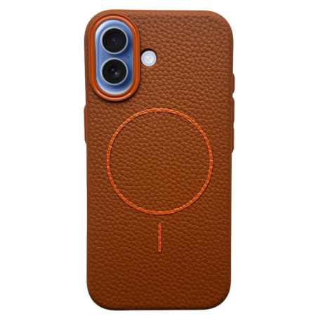 IPHONE 17 - Husa iPhone 17, Silicon Texturat cu Protectie Interioara din Piele si MagSafe, Orange-Brown