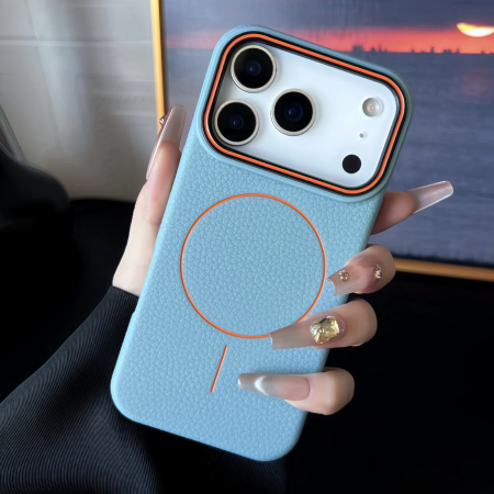 Husa iPhone 17 Pro Max, Silicon Texturat cu Protectie Interioara din Piele si MagSafe, Sky Blue - Copie [1]