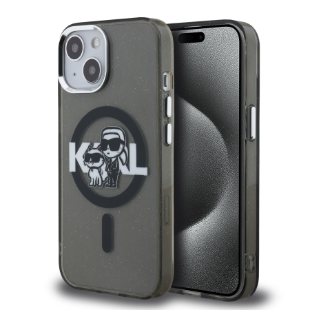 IPHONE 15 - Husa pentru iPhone 15, Karl Lagerfeld IML Glitter Karl and Choupette Sketch MagSafe, Black