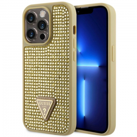 Husa pentru iPhone 15 Pro Max, Guess Rhinestones Triangle Metal Logo, Gold, GUHCP15LHDGTPD [1]