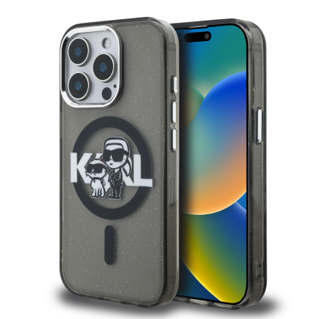 IPHONE 15 PRO - Husa pentru iPhone 15 Pro, Karl Lagerfeld IML Glitter Karl and Choupette Sketch MagSafe, Black