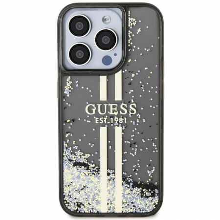 HUSE IPHONE - Husa pentru iPhone 15 Pro Max Guess PC/TPU Liquid Glitter Gold Stripe, Black