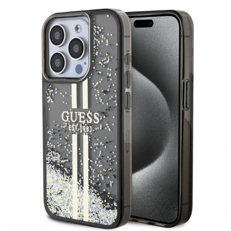 Husa pentru iPhone 15 Pro Max Guess PC/TPU Liquid Glitter Gold Stripe, Black [1]