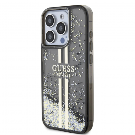 Husa pentru iPhone 15 Pro Max Guess PC/TPU Liquid Glitter Gold Stripe, Black [2]