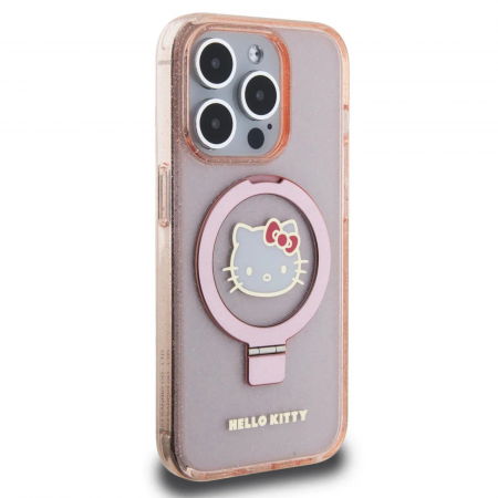 Husa pentru iPhone 15 Pro Max Hello Kitty IML Ringstand Glitter Kitty Head Logo MagSafe, Pink [2]